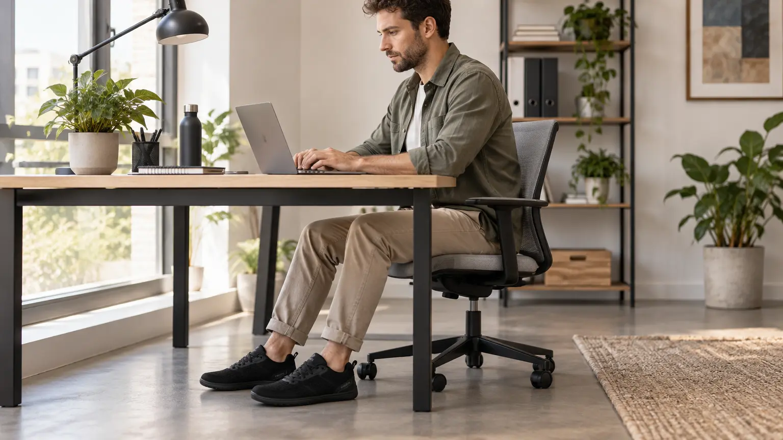 Person sitzt mit schlichten Barfußschuhen an einem Schreibtisch im Büro.