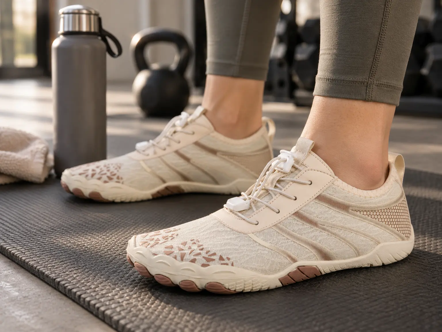 Nahaufnahme eines flexiblen Schuhs mit breiter Zehenbox auf einer Trainingsmatte.