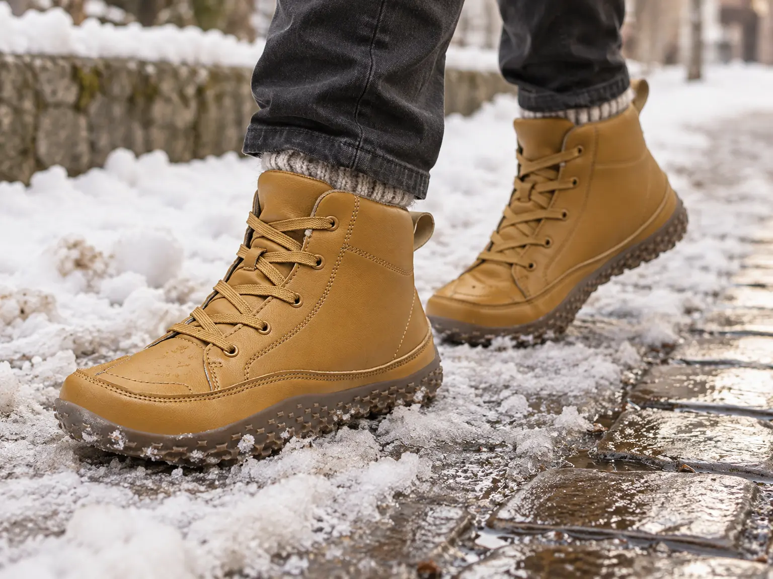Schuhe stehen auf nassem Pflaster neben leichtem Schneematsch.