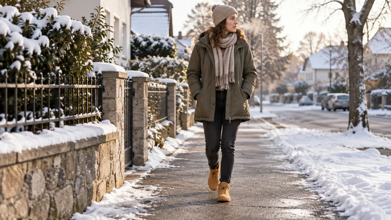 Person geht an einem kalten Wintermorgen auf einem geräumten Gehweg in Barfußschuhen.